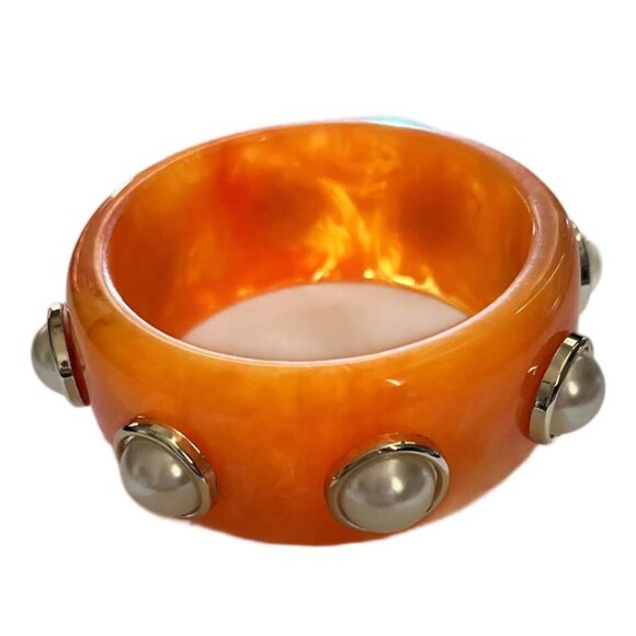 Large Orange Resin Bangle with Pearl & Gold Bezel Accents - Picture 1 of 1